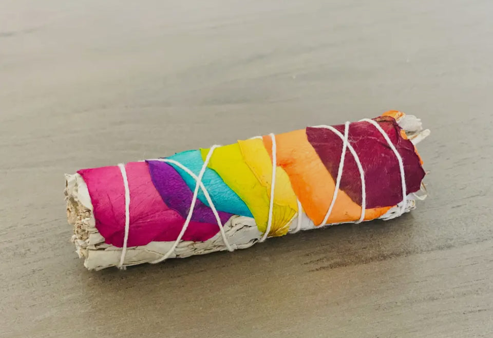 White Sage Stick with Dried Rose Petal Rainbow Chakra